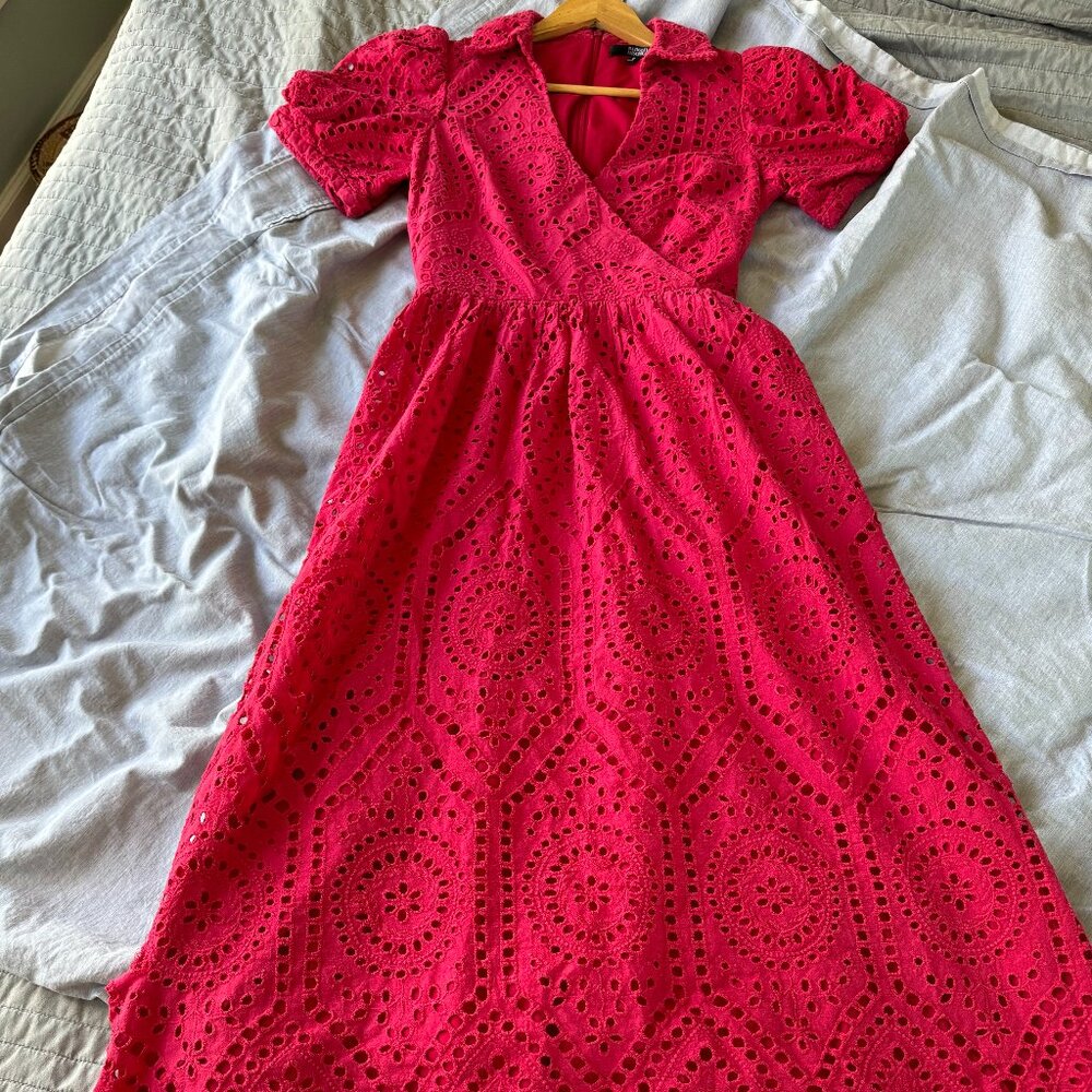 Badgley Mischka red cotton short-sleeved eyelet wrap midi dress